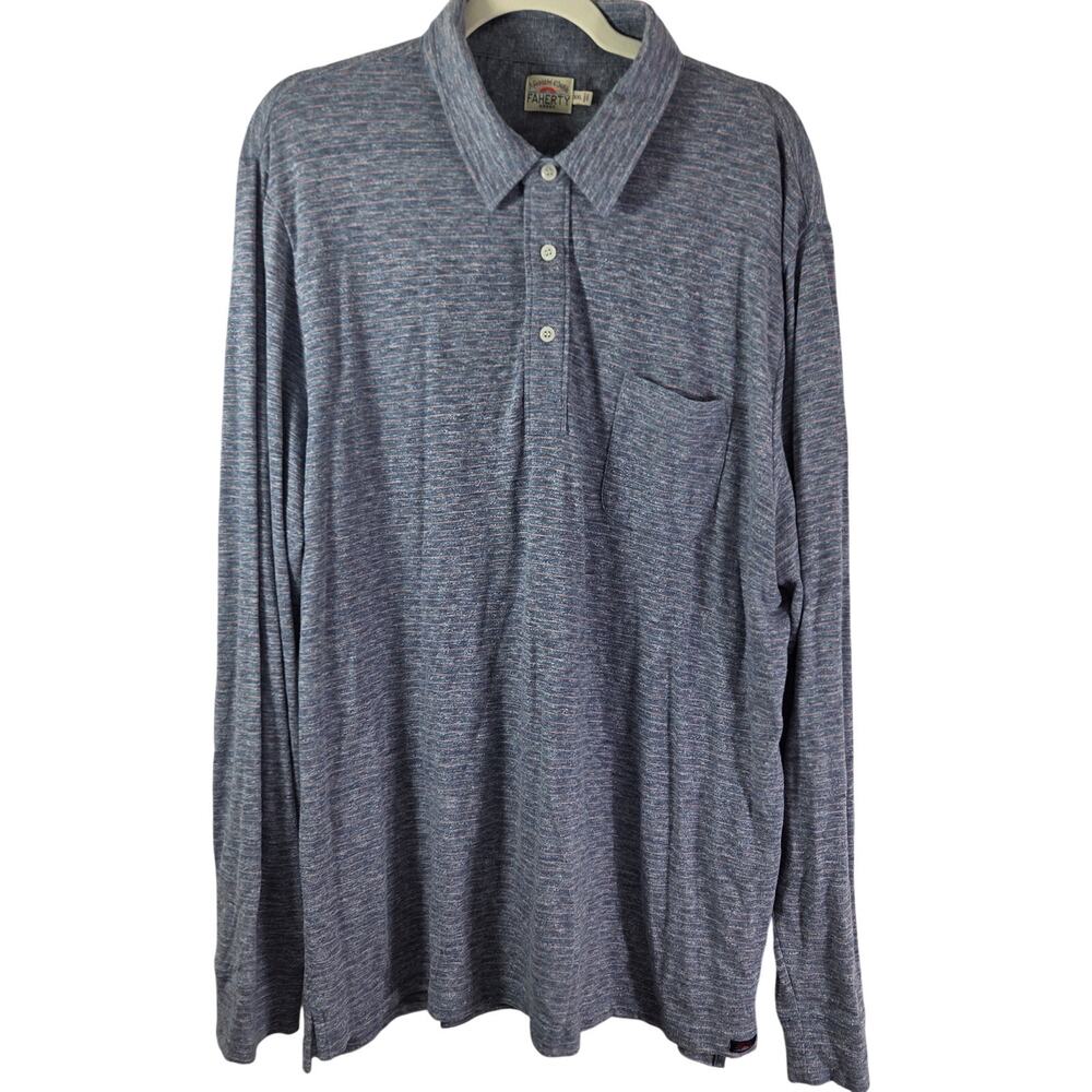 Faherty Payson LS Polo Shirt Men 2XL‎ Heathered Navy Rust Stripe Multi